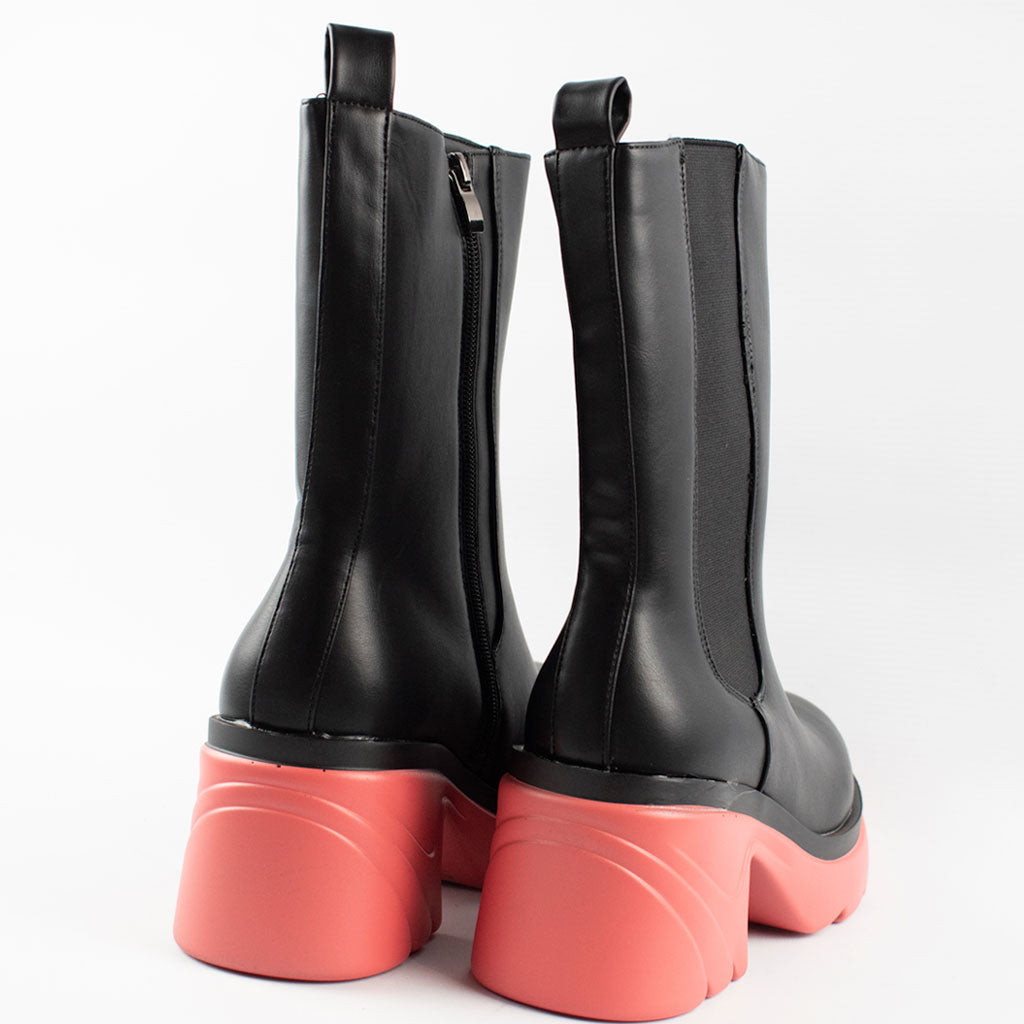 Womens black orange leather look high top wide fit boots