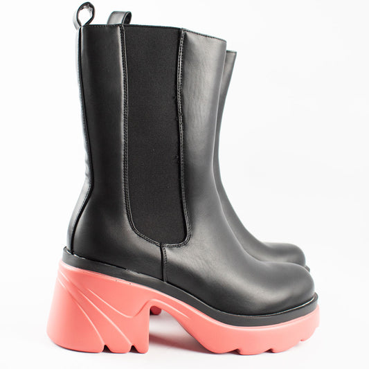 Womens black orange leather look high top wide fit boots