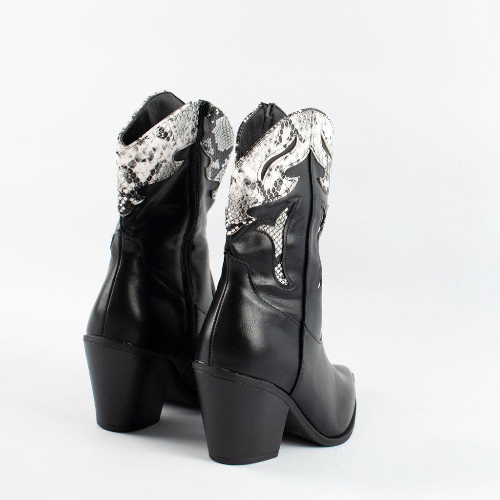 Womens Black Ankle Mid Calf Block Cuban Heel Cowboy Boots
