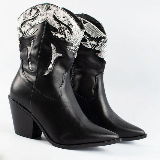 Womens Black Ankle Mid Calf Block Cuban Heel Cowboy Boots