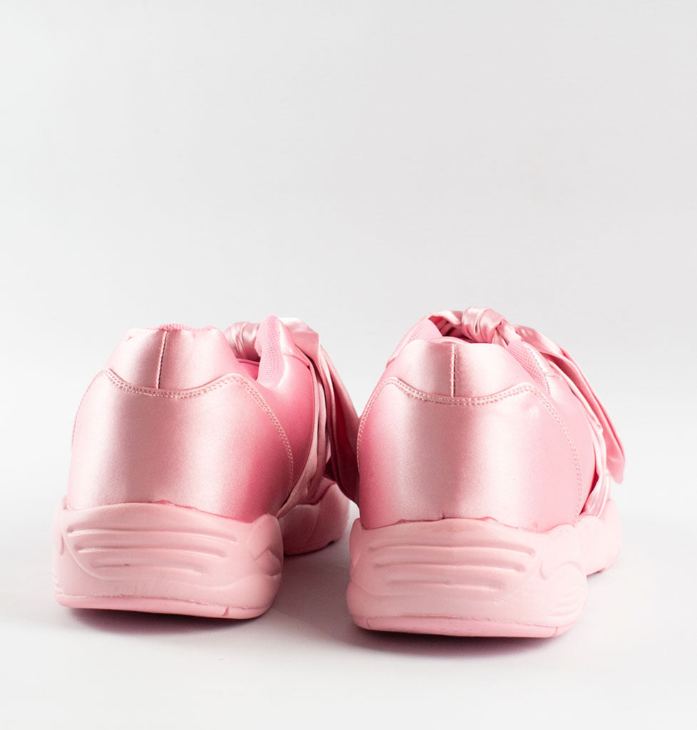 womens pink tie up bow satin trainers
