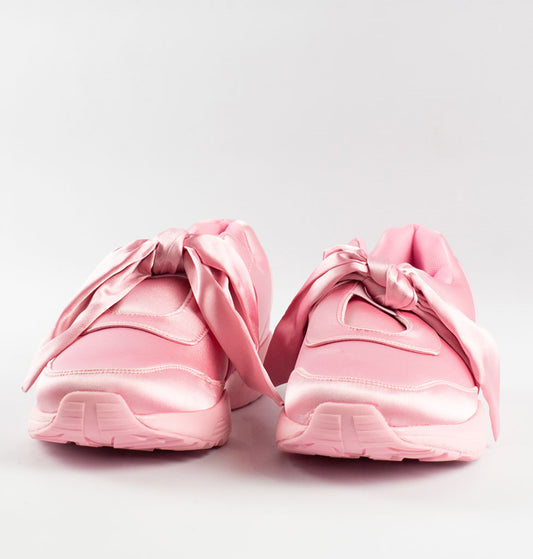 womens pink tie up bow satin trainers