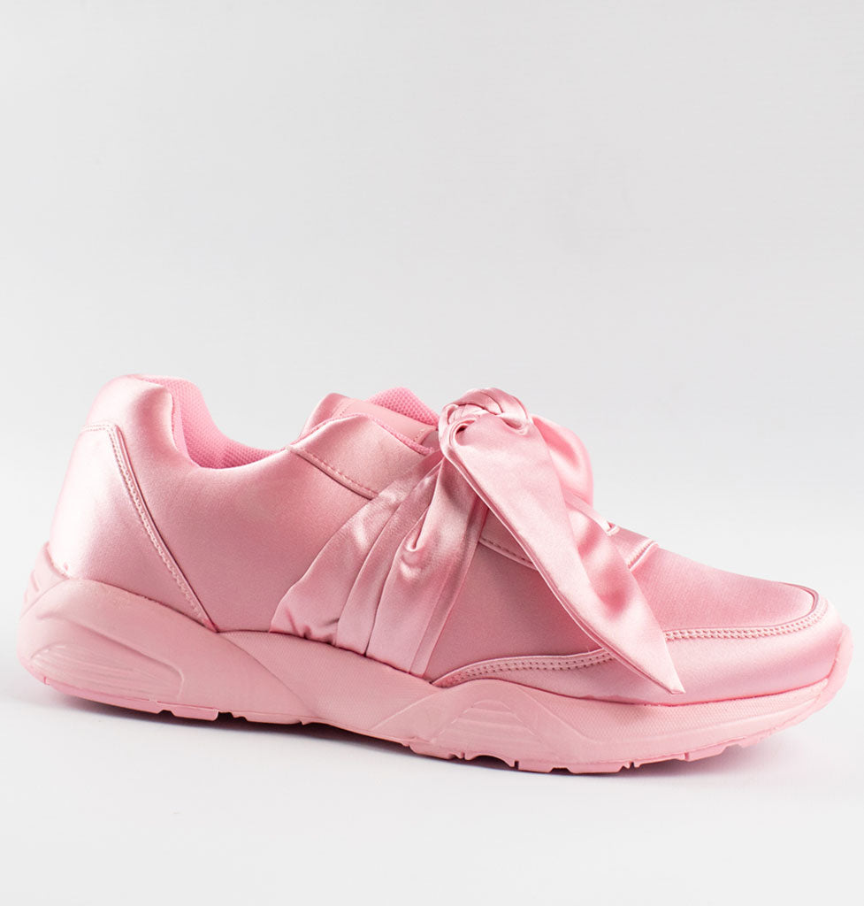 womens pink tie up bow satin trainers