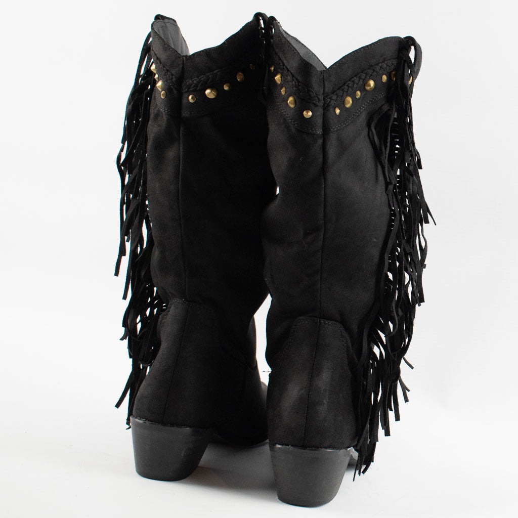 womens black tasselled studded mid calf cuban heel cowboy boots
