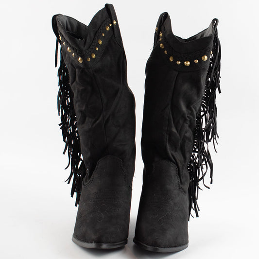 womens black tasselled studded mid calf cuban heel cowboy boots