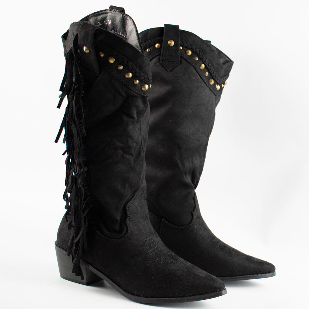 womens black tasselled studded mid calf cuban heel cowboy boots