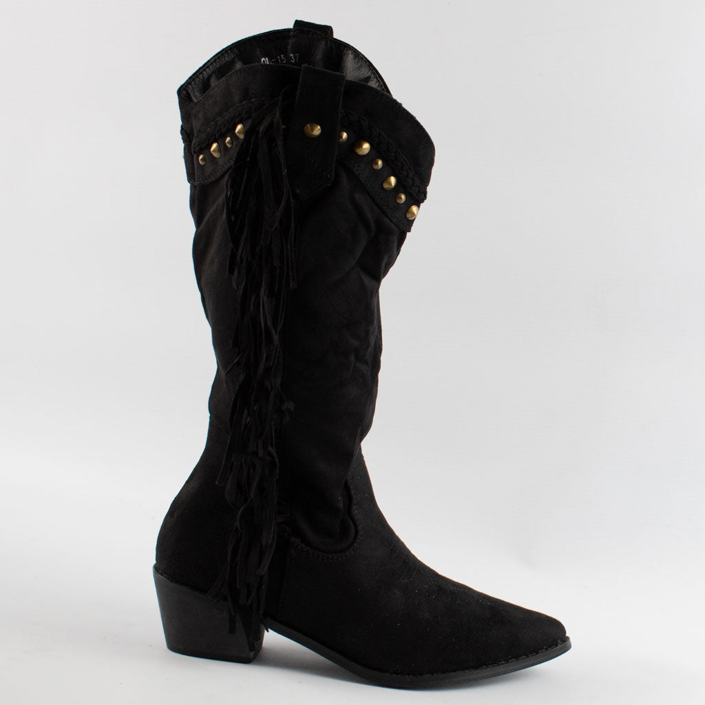 womens black tasselled studded mid calf cuban heel cowboy boots