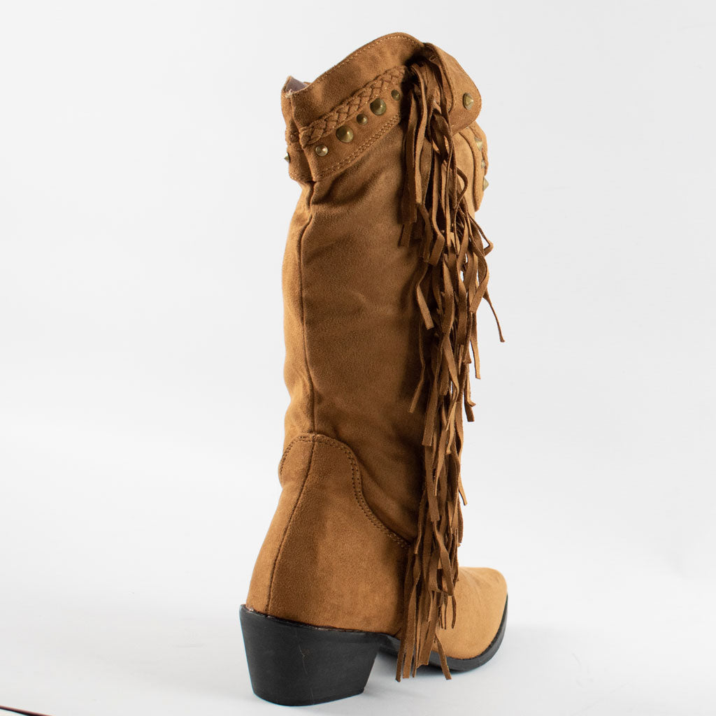 womens tan tasselled studded mid calf cuban heel cowboy boots