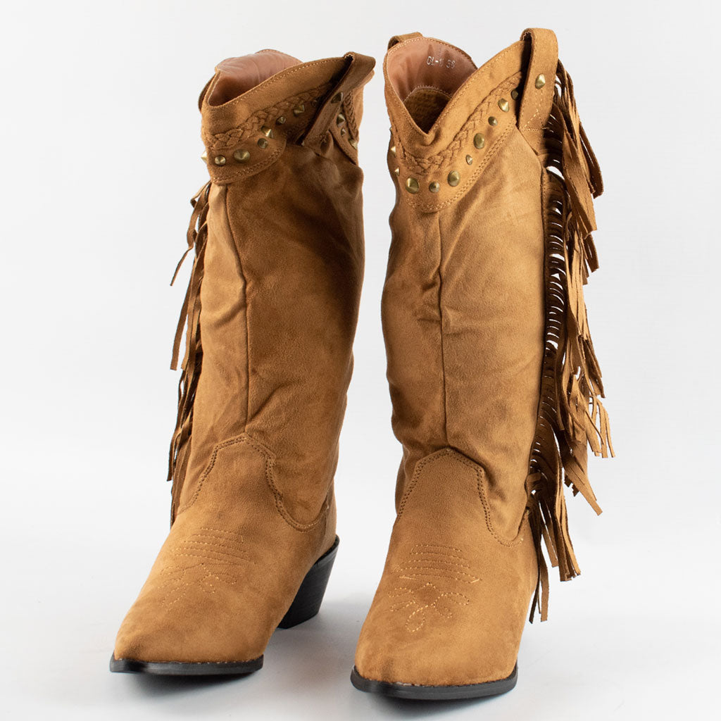 womens tan tasselled studded mid calf cuban heel cowboy boots