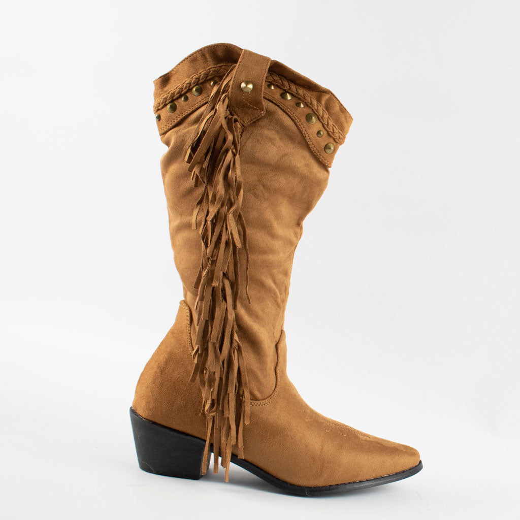 womens tan tasselled studded mid calf cuban heel cowboy boots