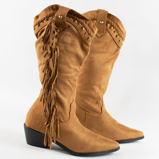 womens tan tasselled studded mid calf cuban heel cowboy boots