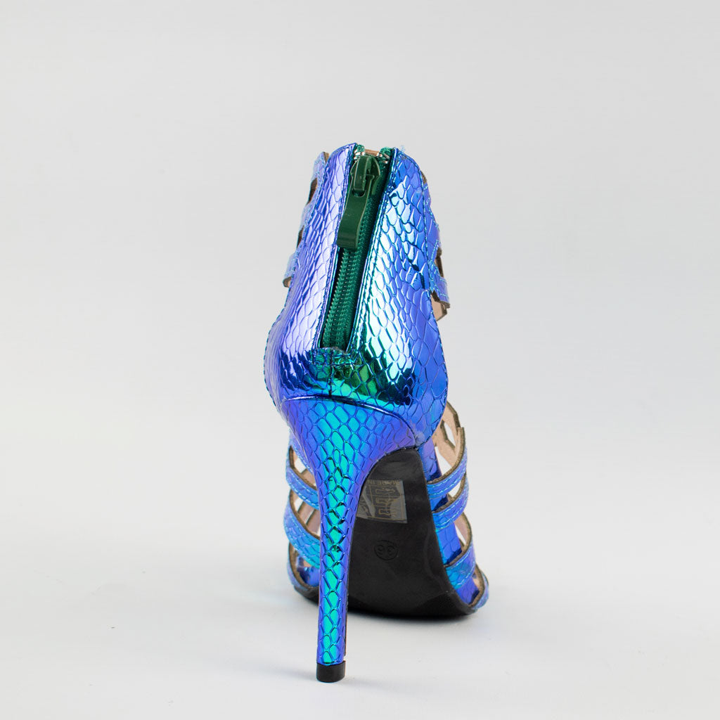 womens blue metallic holographic textured caged stilettos