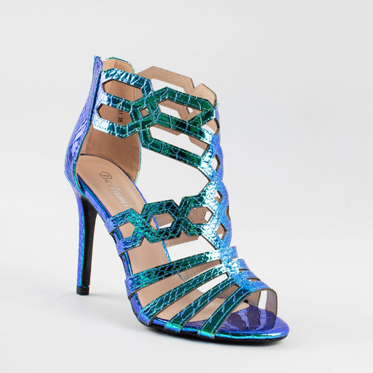 womens blue metallic holographic textured caged stilettos