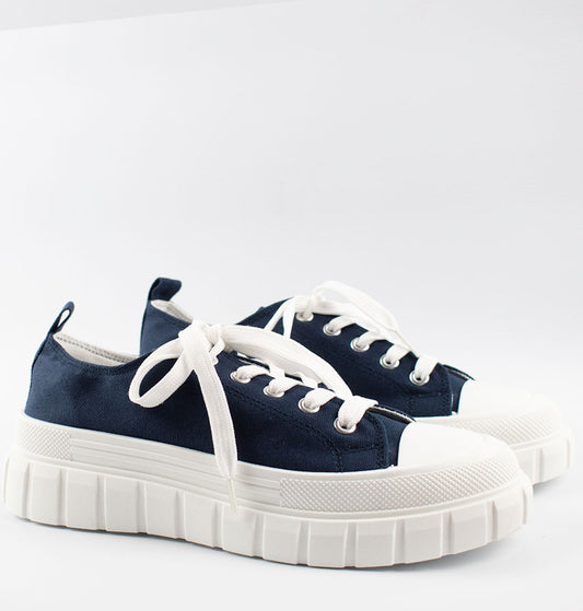 Womens Navy Lace Up Baseball Platform Plimsole Trainers
