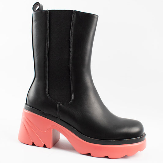 Womens black orange leather look high top wide fit boots