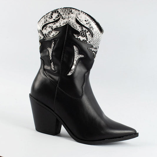 Womens Black Ankle Mid Calf Block Cuban Heel Cowboy Boots