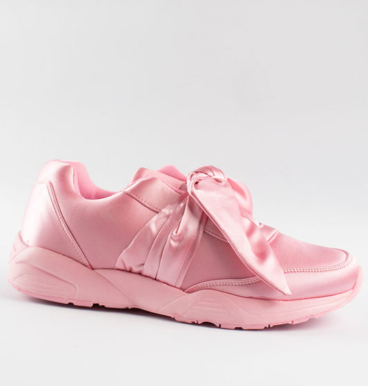 womens pink tie up bow satin trainers