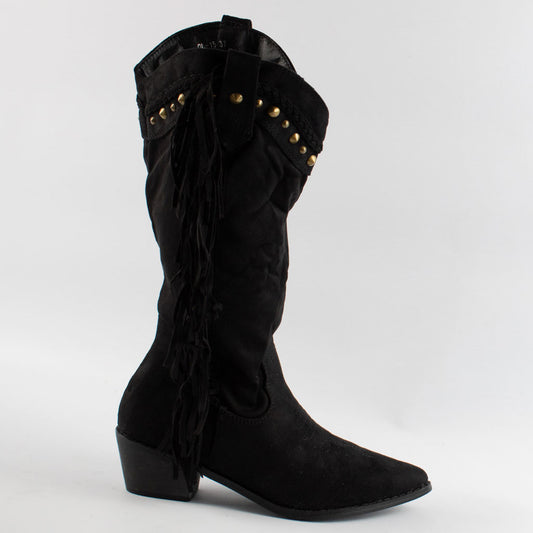 womens black tasselled studded mid calf cuban heel cowboy boots