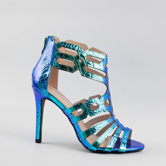 womens blue metallic holographic textured caged stilettos